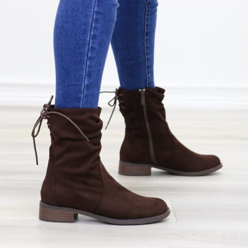 Brown Round Toe Suede Ankle Booties With Lace Back - Picture 10 of 15